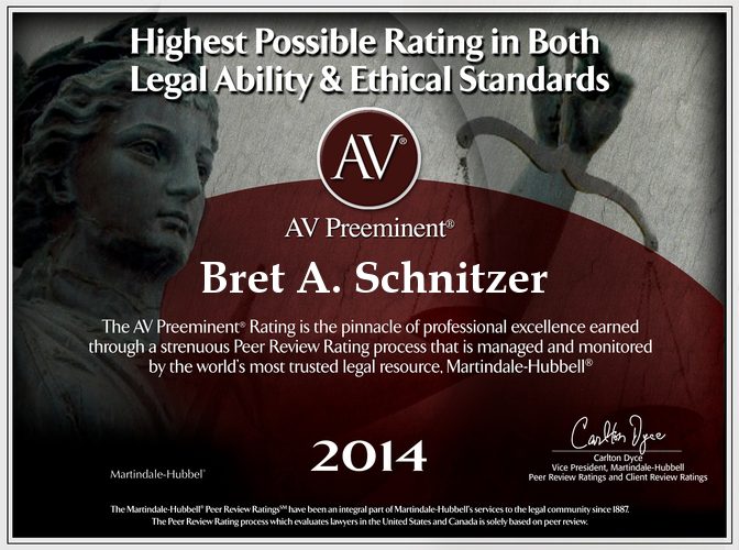 Legal award certificate for Bret A. Schnitzer.